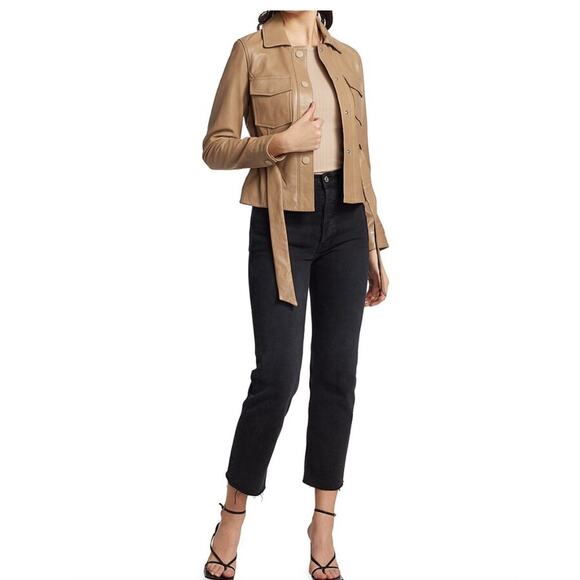 Anthropologie Lamarque Cherice Leather Mini Trench Jacket Sesame Large NWT - Picture 10 of 15